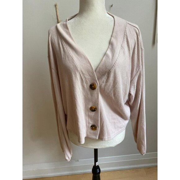OPEN Edit BNWOT women ribbed soft beige cardigan sweater sz medium - Picture 2 of 7